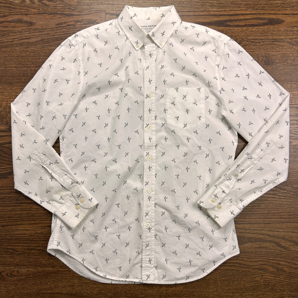 Banana Republic Shirt Mens Medium White Grant Slim Fit Luxe Stretch Poplin Bird